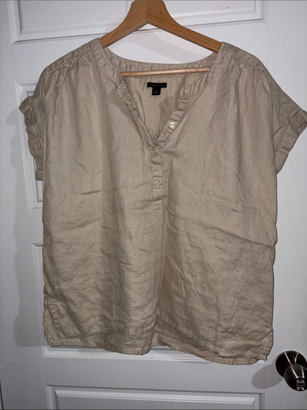 Ann Taylor Neutral Linen Short-Sleeve Henley Blouse
